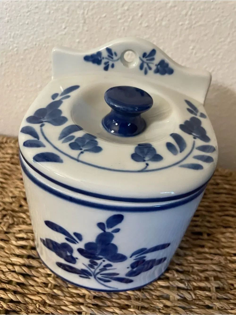 Portugal Hand Painted Blue and White Signed Wall Pocket with Lid